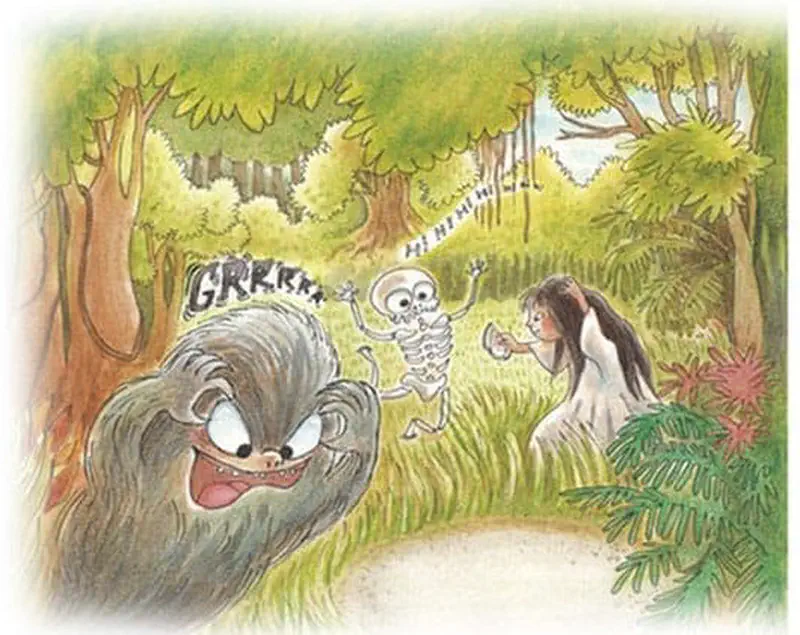 A fuzzy gray monster growls while a dancing skeleton and long-haired ghost laugh together on a forest path surrounded by green trees.