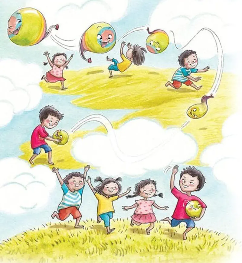 Happy children and ghost-balls play together on a sunny hill. Kids jump, throw, and catch the friendly ghosts under white fluffy clouds.