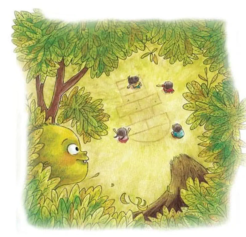 The green ghost hides behind bushes watching children play hopscotch on a grass field. Trees frame the scene from above.