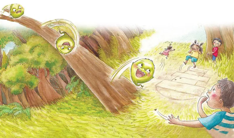 Multiple ghost versions slide down a tree branch toward children. Kids run away scared while one boy gasps in surprise at the hopscotch area.