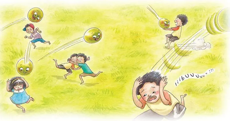 Multiple green ghosts bounce and fly around a grassy field chasing scared children. Kids run, duck, and cry out as the playful ghosts zoom past.