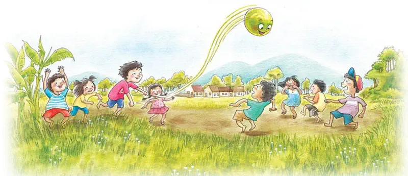 Children play tug-of-war in a grassy field while the happy ghost zooms overhead. Village houses and mountains appear in the background.