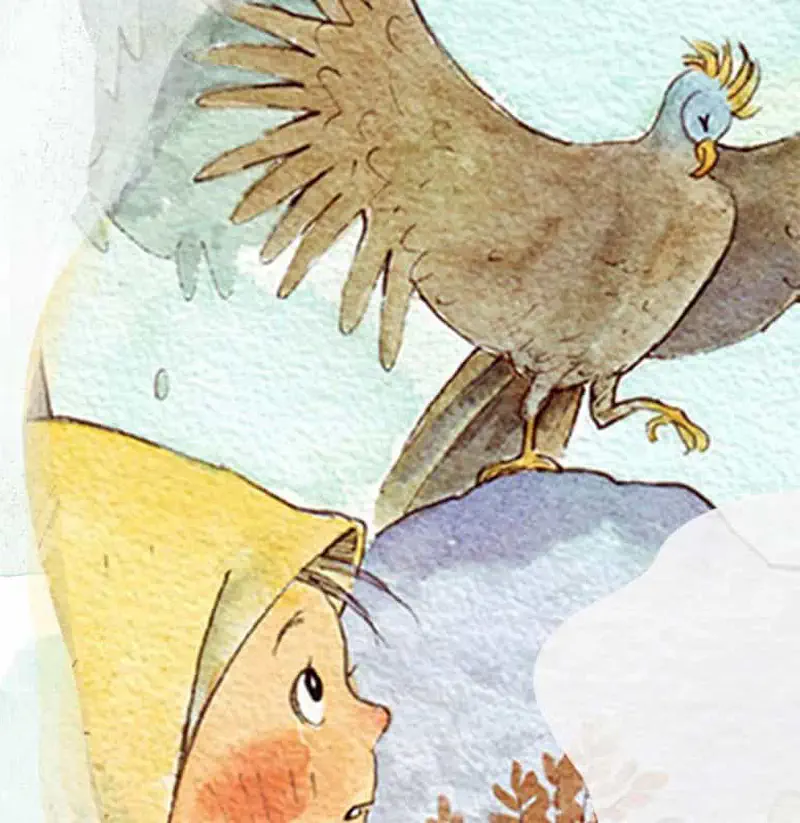 Brown bird with yellow crest spreading its wings while a girl in yellow headscarf looks up at it.