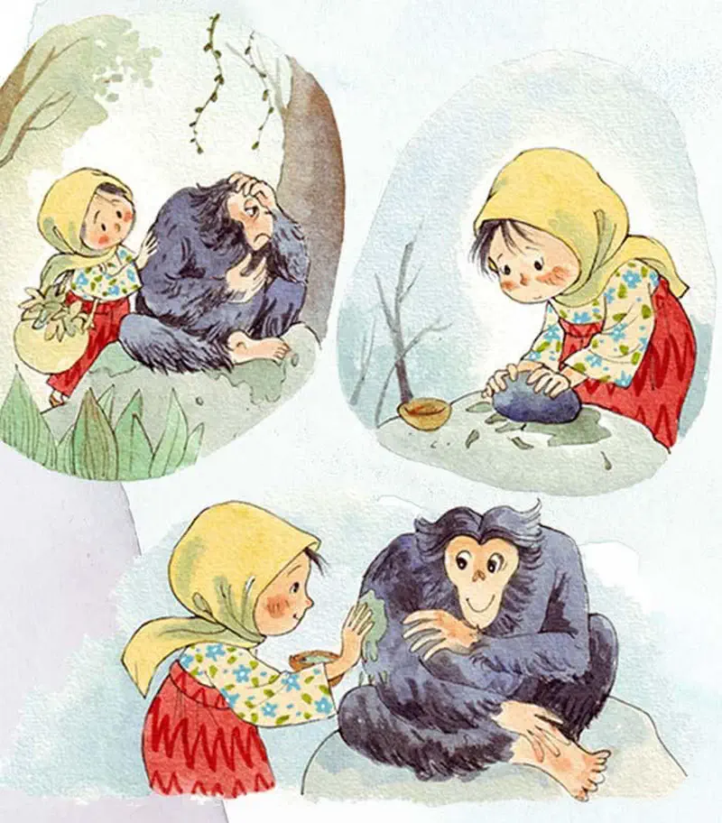 Three panels showing girl in headscarf comforting a sad chimpanzee, preparing medicine, and offering it to the ape.