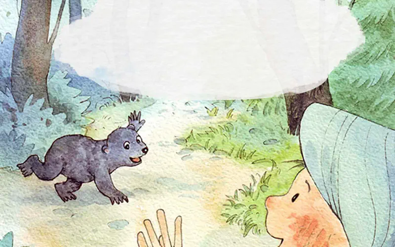 Small gray bear cub running happily on a forest path while a girl watches from the corner.