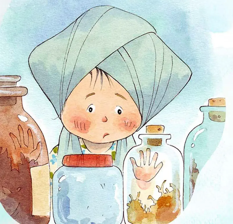 Girl in blue headscarf looking worried while surrounded by glass jars and medicine bottles.