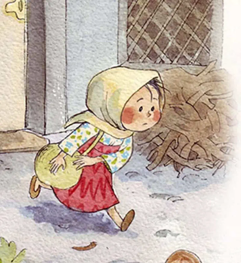 Girl in yellow headscarf carrying a bag while walking past a barn with hay pile.