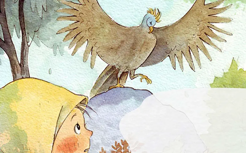 Large crested bird with spread wings standing on a rock while girl in yellow headscarf looks up.