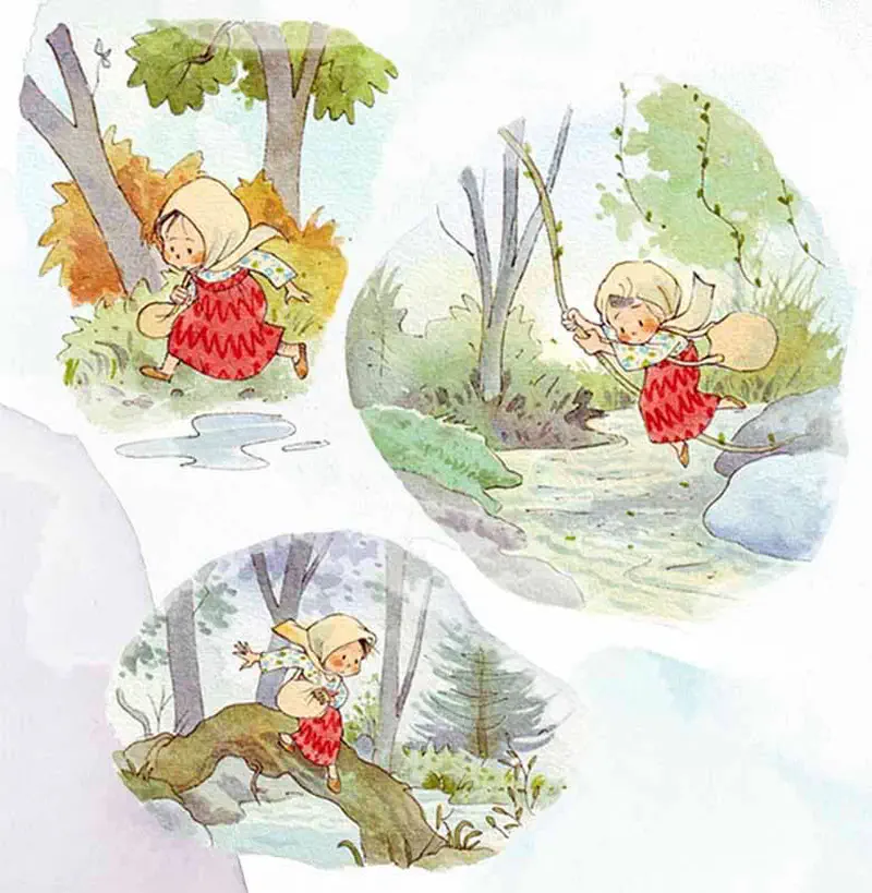 Three circular vignettes showing girl walking through forest, crossing stream on branch, and balancing on fallen log.