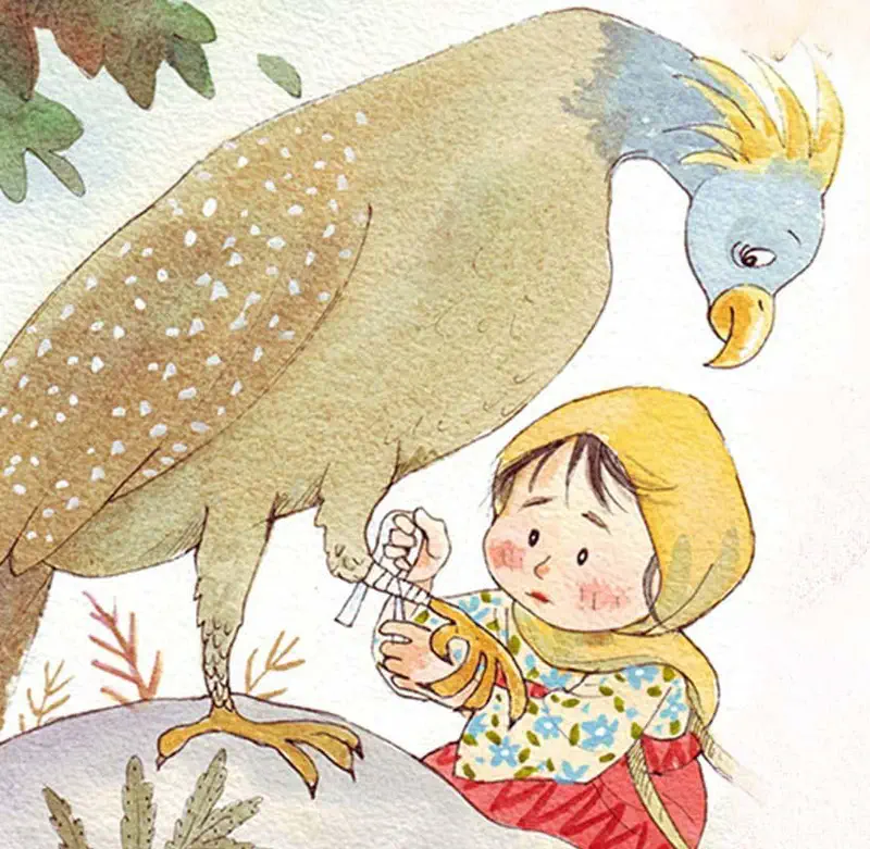 Girl in yellow headscarf carefully bandaging the foot of a large spotted crested bird.