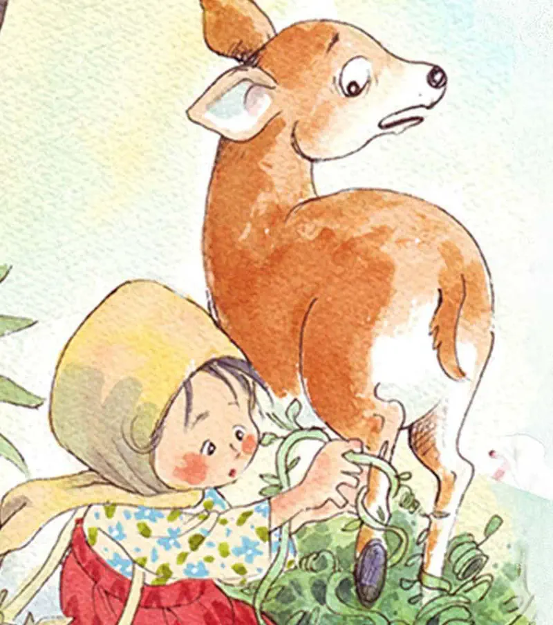 Girl in yellow headscarf helping free a young deer tangled in vines while deer looks worried.