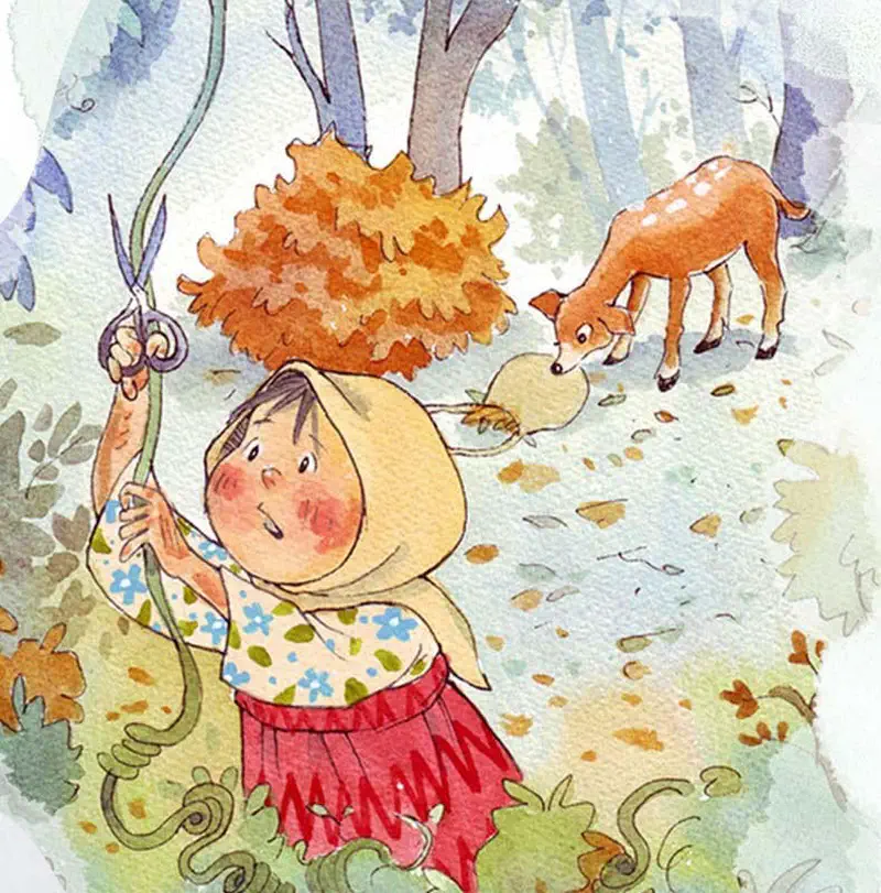 Girl in headscarf holding scissors and cut vine while deer eats from her bag in autumn forest.