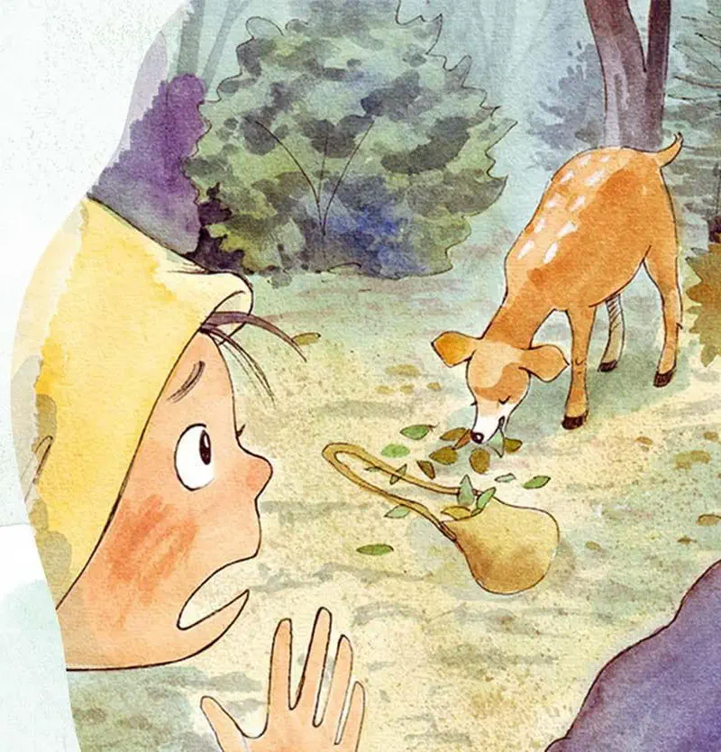 Girl in yellow headscarf watches as deer eats leaves from her dropped bag in forest clearing.