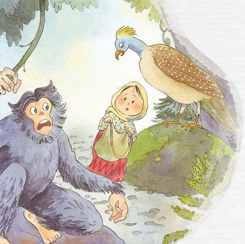 Surprised chimpanzee, girl in headscarf with bag, and large crested bird gathered together outdoors.