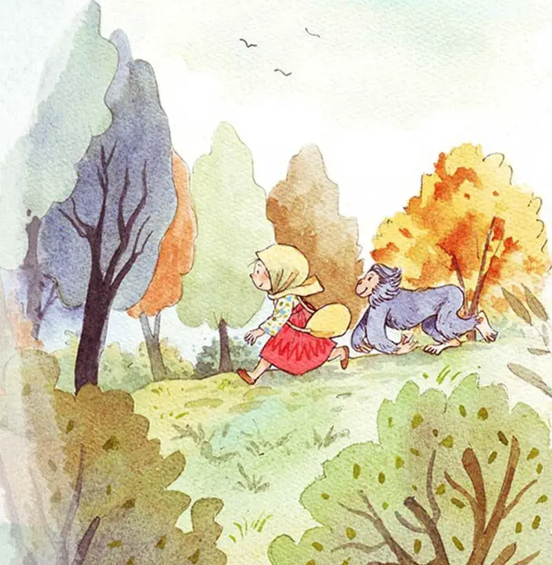 Girl in headscarf and chimpanzee walking together through colorful autumn forest with trees.