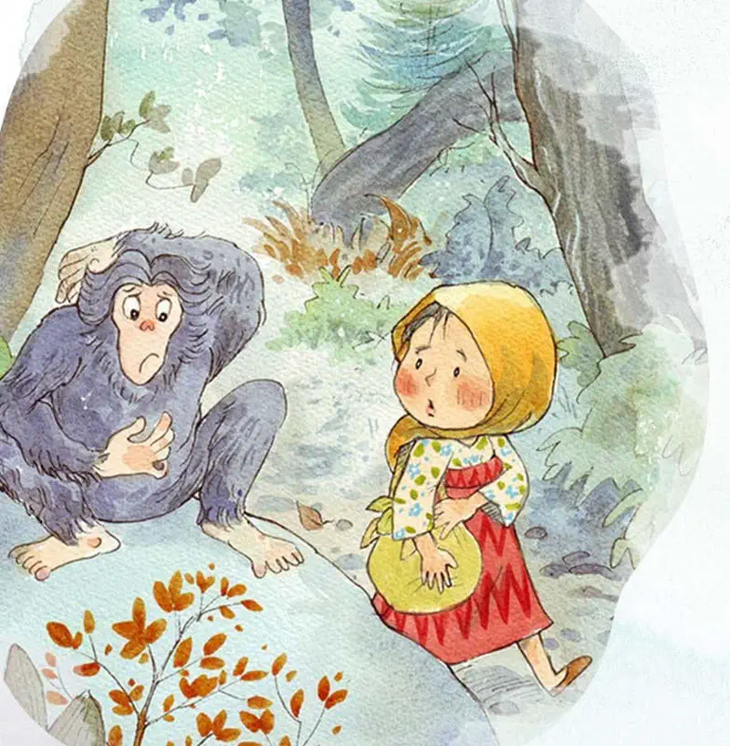 Worried chimpanzee sitting with girl in headscarf who holds her bag in forest setting.