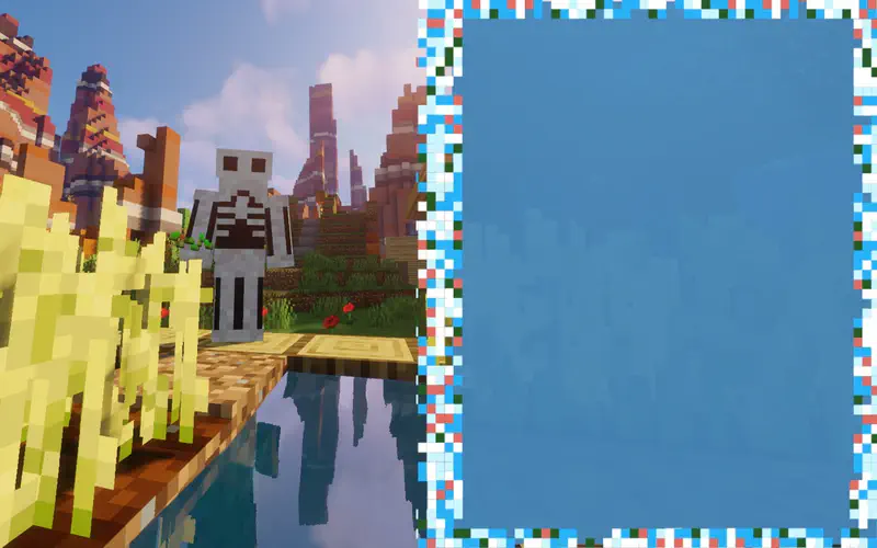 Minecraft skeleton standing by water near wheat field with badlands mesa landscape in background.