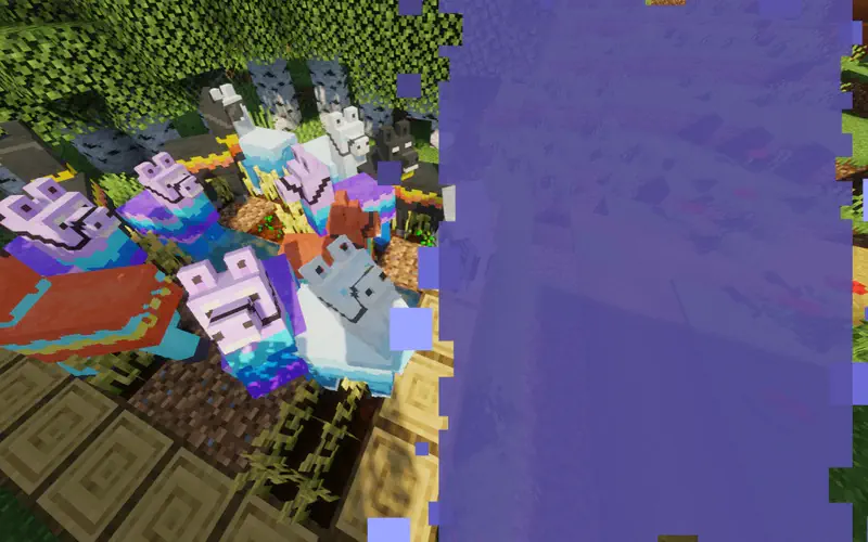 Overhead view of many colorful Minecraft llamas crowded together on wooden platform in forest.