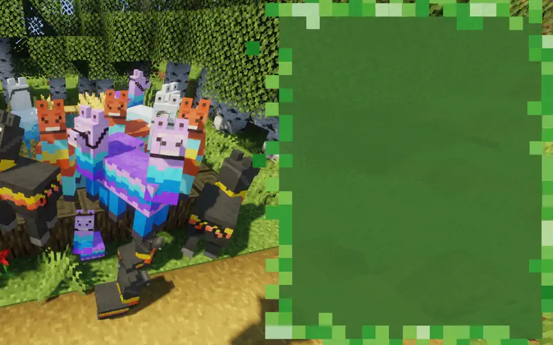 Group of colorful Minecraft llamas with player characters gathered in forest clearing.