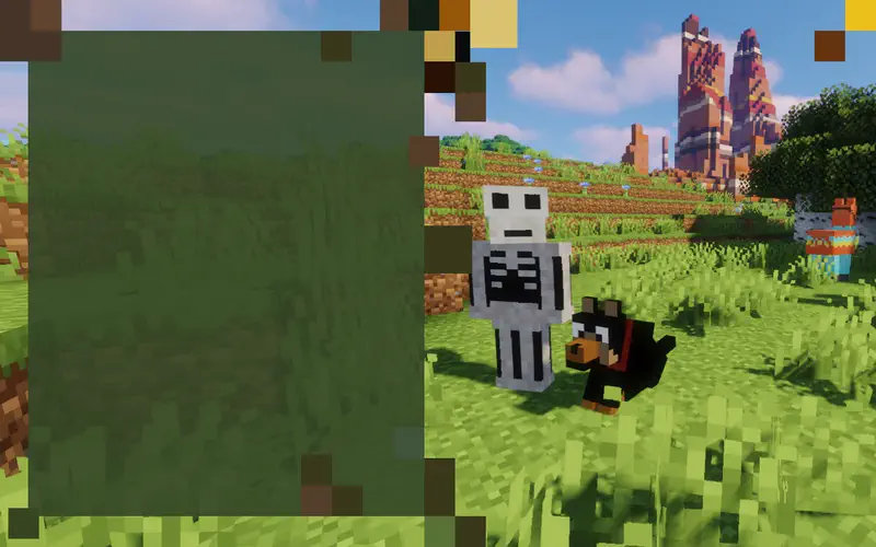 Minecraft zombie character and skeleton with dog standing in grassy field with llama visible.