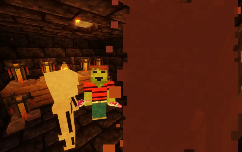 Minecraft skeleton sitting on bed in underground room lit by lanterns with dark walls.