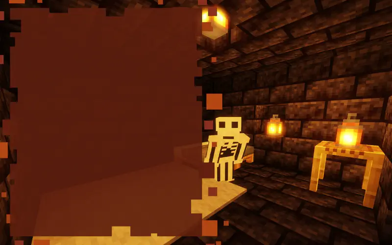 Minecraft zombie character meeting skeleton in dark underground mine tunnel with lanterns.