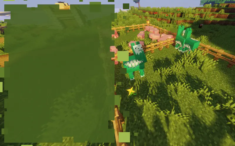 Minecraft dinosaur characters near pig pen with fenced enclosure in grassy landscape.
