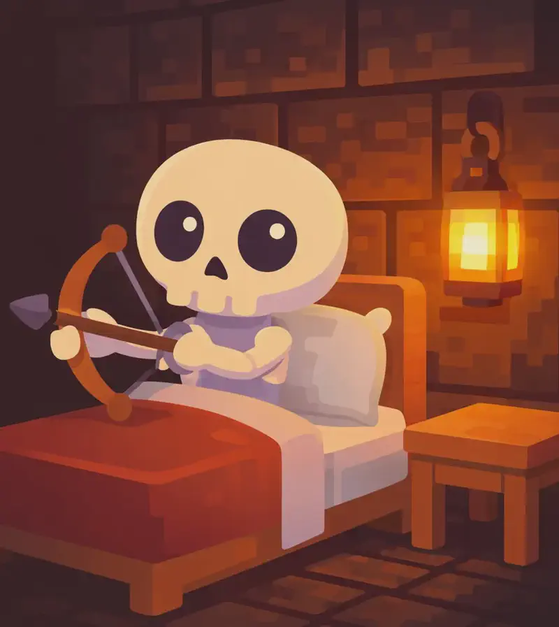On the right side of the image, Skel is sitting upright on a bed in a dimly lit, blocky stone-walled bedroom, having just woken up with a startled, alert expression. Skel has an oversized round cream-white skull, large dark navy-black eye sockets with small white dot pupils, and a small stubby pale-white bone body with soft lavender-purple shading at the joints. The nighttime scene is lit by warm glowing lanterns on a small bedside table to the right. The left side of the image is open dark background space for text overlay.