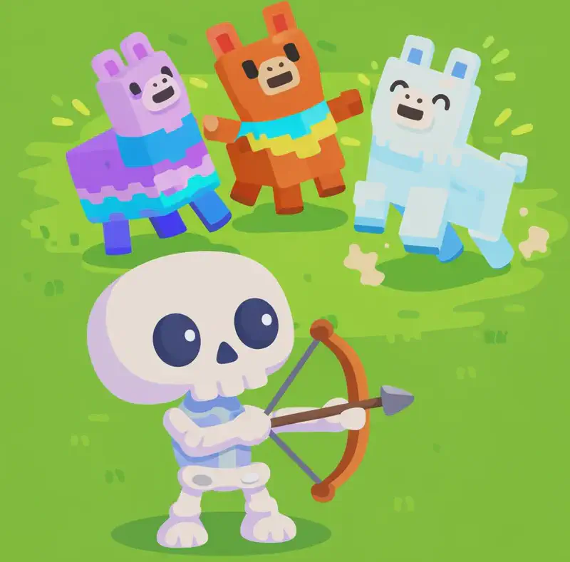 On the left side of the image, Skel stands outdoors on a grassy farm field, facing a group of three llamas gathered nearby. Skel has an oversized round cream-white skull, large dark navy-black eye sockets with small white dot pupils, and a small stubby pale-white bone body with soft lavender-purple shading at the joints. Skel has a surprised expression, looking at the llamas who appear excited and animated. Three blocky Minecraft-style llamas — one purple/blue, one orange/red, and one white/light blue — are standing together on the grass, appearing lively and energetic, stomping and prancing. The scene is set in bright daylight on an open green field with patches of dirt and grass visible in the background. The right ~40% of the image is plain green background suitable for text overlay.