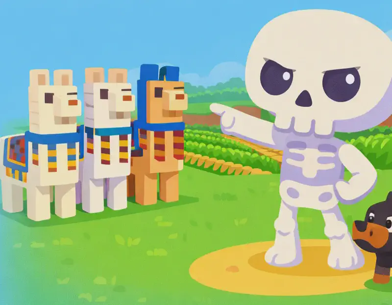 On the right side of the image, Skel stands upright in a grassy field with a determined, commanding expression, one arm raised and pointing away as if ordering the llamas to leave. Skel has an oversized round cream-white skull, large dark navy-black eye sockets with small white dot pupils, and a small stubby pale-white bone body with soft lavender-purple shading at the joints. In front of him on the left, three blocky Minecraft-style llamas face Skel defiantly, ignoring his command. Behind Skel stretches a farm with tilled crop rows. A small black and brown dog-like creature sits on the grass beside Skel on the right side. The scene is set outdoors on a bright, sunny day with blue skies, green grass, and rocky terrain visible in the background. The left ~40% of the image is open for text overlay.