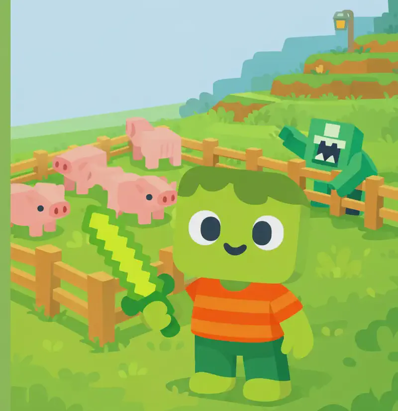 On the right side of the image, Zom stands on a grassy farm field near a wooden-fenced pen filled with pink pigs, appearing to tend to the enclosure. Zom has a blocky, squared-off head with light green skin, darker green messy hair, large white eyes with black pupils, a small smiling mouth, and wears an orange-and-red horizontally striped t-shirt with dark green pants and bright green shoes. Behind and to the right of Zom, a green zombie creature is visible near the fence, lunging with its mouth open as if trying to nip at the pigs. Several pink pigs are visible inside the fenced pen. The left ~40% of the image is a plain green overlay reserved for text. The scene is set outdoors on a sunny day in a Minecraft-style blocky farm landscape with rolling green hills, wooden fences, and a lantern post in the background.