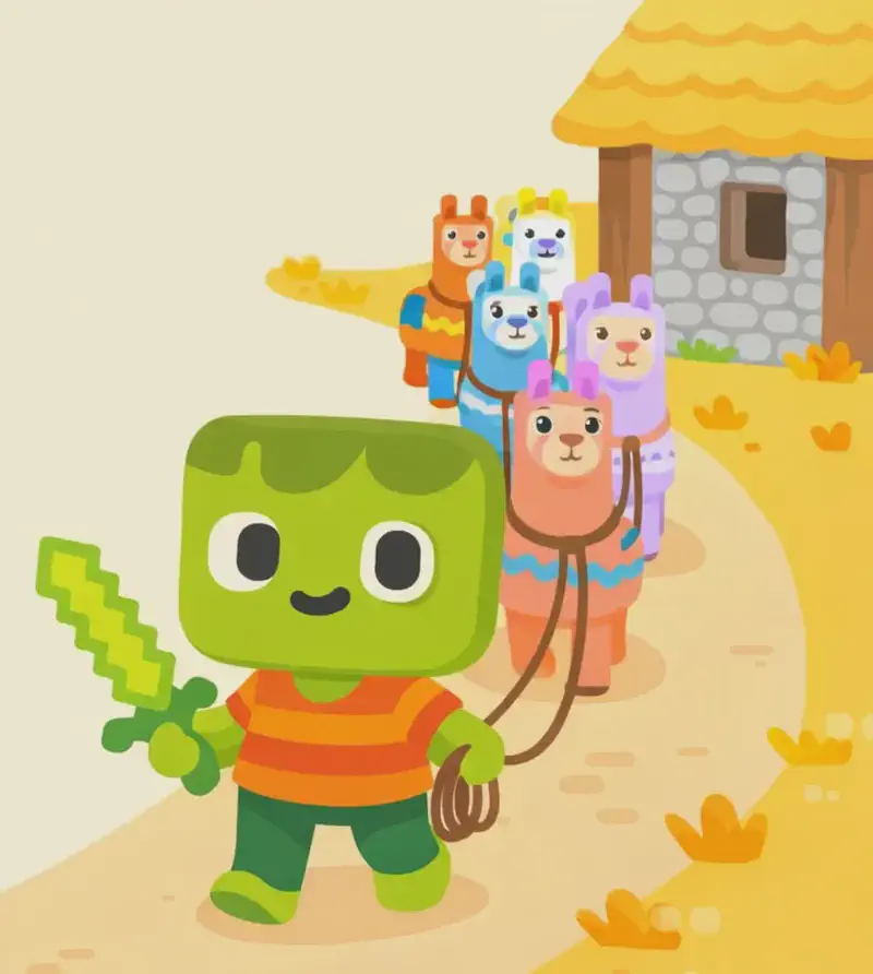On the right side of the image, Zom stands on a dirt path walking away from a farm, holding leads attached to several llamas and guiding them forward with a determined, pleased expression. Zom has a blocky, squared-off head with light green skin, darker green messy hair, large white eyes with black pupils, a small smiling mouth, and wears an orange-and-red horizontally striped t-shirt with dark green pants and bright green shoes. Several llamas (approximately 3–4) wearing colorful decorative blankets follow closely behind in a line near a wooden farm building. More llamas follow behind them in a fluent line. The scene is set outdoors in a sunny suburban farmyard environment with warm daylight. The left ~40% of the image is open for text overlay.