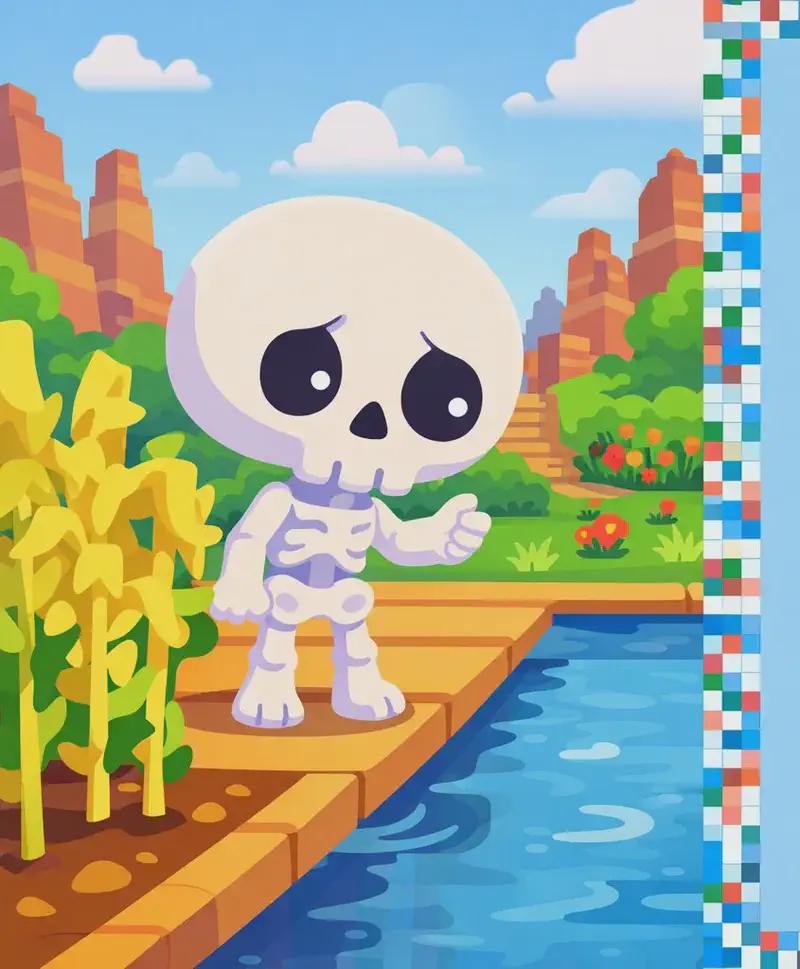 Skel stands on the left side of the image on a wooden path beside a pond, with a cautious, uncertain expression. Skel has an oversized round cream-white skull, large dark navy-black eye sockets with small white dot pupils, and a small stubby pale-white bone body with soft lavender-purple shading at the joints. He is positioned near tall yellow crops (wheat/corn), looking down at the pond with one arm slightly raised, as if wary of what might come next. The outdoor scene features a daytime sky with scattered clouds, a calm blue pond with fluid ripples on the water surface, and rocky terrain with greenery and red flowers in the background. The right ~40% of the image is occupied by a blank blue text overlay area with a decorative pixelated border.