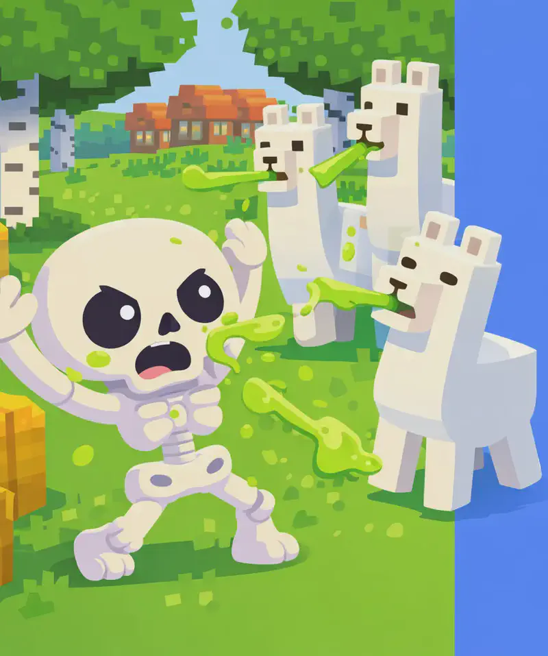 On the left side of the image, Skel stands in an aggressive, arms-raised pose, attempting to scare away a group of llamas in an outdoor Minecraft-style scene. Skel has an oversized round cream-white skull, large dark navy-black eye sockets with small white dot pupils, and a small stubby pale-white bone body with soft lavender-purple shading at the joints. Three or more white llamas surround Skel, several of them spitting streams of green, stinky spit directly at him. Green spit splatters are visible hitting Skel. The scene is set outdoors among birch trees with a village visible in the background, and hay bales are scattered on the ground. The right side of the image is open blue background.