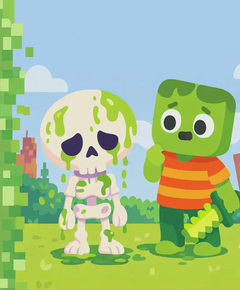 On the right side of the image, Zom stands with a surprised, concerned expression, looking toward Skel. Zom has a blocky, squared-off head with light green skin, darker green messy hair, large white eyes with black pupils, a small smiling mouth, and wears an orange-and-red horizontally striped t-shirt with dark green pants and bright green shoes. Skel stands next to Zom with a dejected, defeated expression, visibly covered in green stinky llama spit dripping from his cream-white skull and pale bones. Both characters are positioned outdoors on a grassy area against a blue sky with clouds, with buildings visible in the background. A green vine-bordered text area occupies the left side of the image.