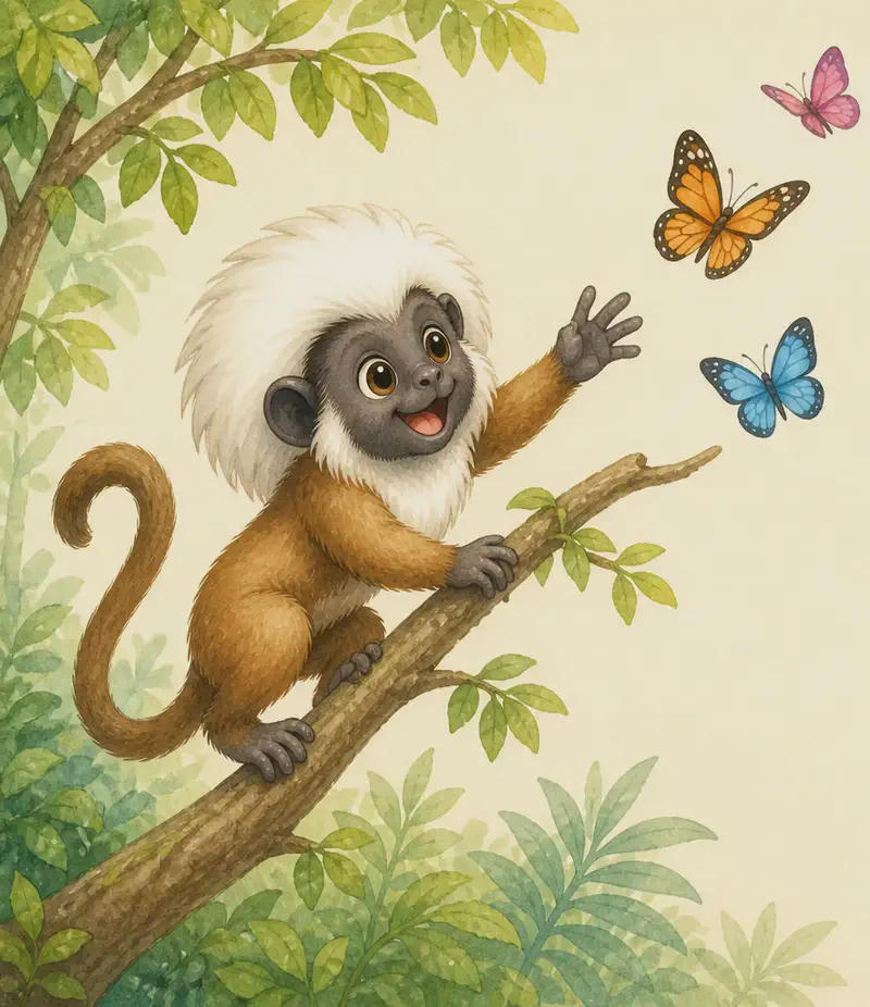 Mario climbs up a branch, reaching toward two or three colourful butterflies fluttering near him. His expression is delighted and he is captured mid-motion to show his quickness. Mood: playful, lively, quick.