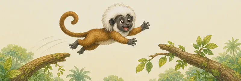 Mario is mid-air, leaping from one branch toward another. His body is stretched and his pose shows clear agility — like a small acrobatic trick through the air. Two branches frame the action. Mood: graceful, impressive, joyful.