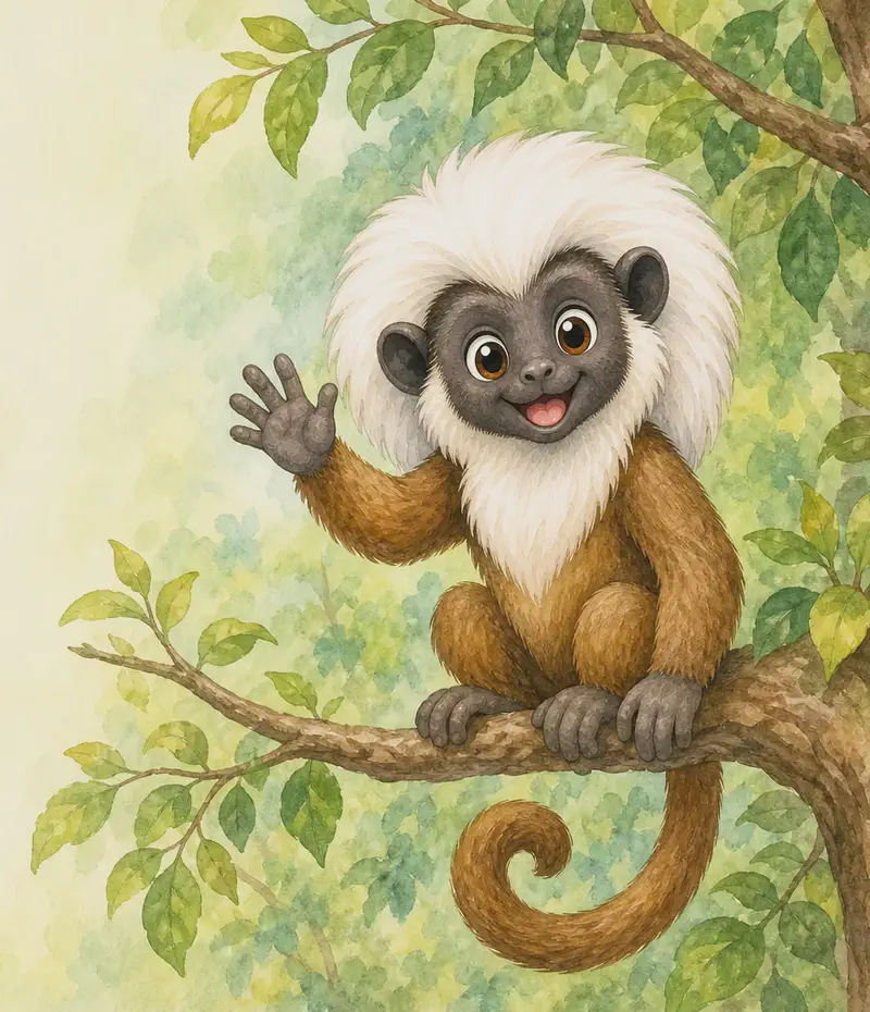 Introduce Mario. Show him in a clear, friendly pose so the reader can clearly see his white mane. Simple forest-branch background.