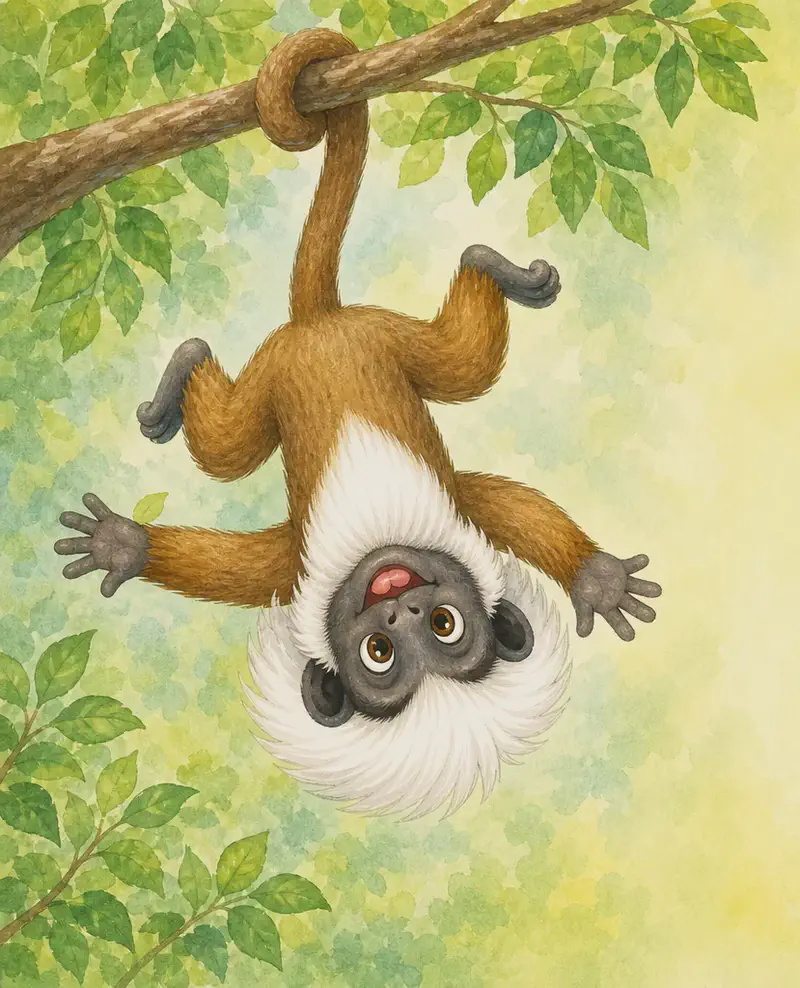 Mario performs a clear acrobatic move — perhaps mid-flip, swinging by his tail from a branch, or hanging upside down — with a playful smile. Simple background.