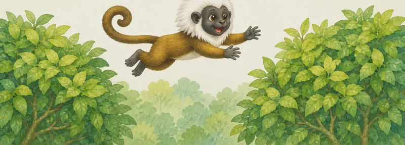 Mario in mid-leap between two leafy bushes (matas), arms outstretched, his white mane visible. Joyful, energetic mood. Simple background.