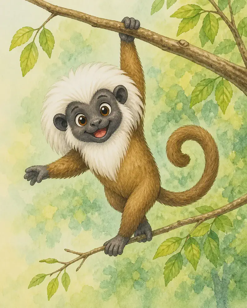 Mario performing a daring move — for instance, hanging by one paw from a high branch with a confident grin, or balancing on a thin branch. The pose looks "risky" but kid-friendly. Simple background.