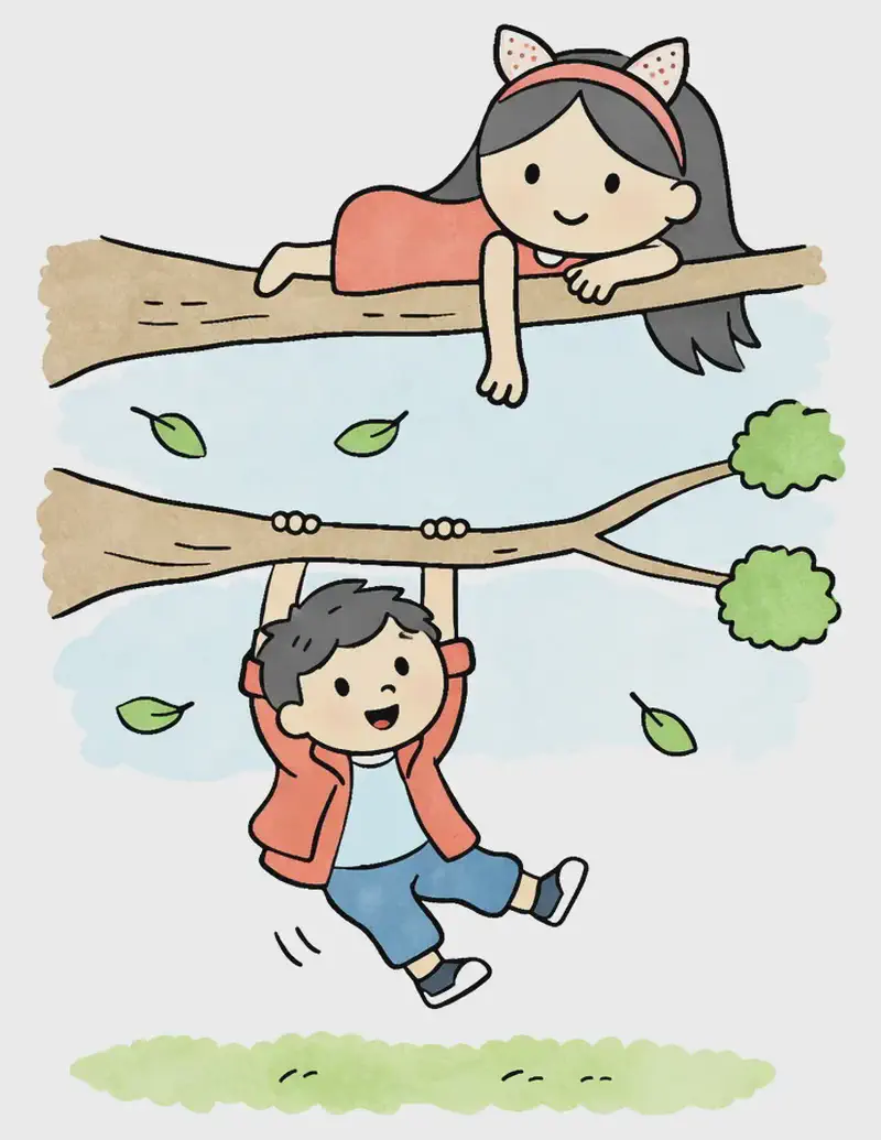 On the left side of the image, Big Sis lies confidently on a high tree branch, resting on her stomach with one arm dangling down and a calm, happy smile on her face. She has long, straight dark gray hair falling past her shoulders, a coral-pink headband with white cat ears, and wears a coral-pink sleeveless A-line dress. Below her, Little Brother hangs from a lower branch with both hands, legs swinging freely, with a wide-eyed, surprised expression as he tries to keep his grip. He wears an open red-orange hooded jacket over a light blue t-shirt, medium blue jeans, and dark navy sneakers with white soles. Green leaves drift through the air around them. The scene is set outdoors on a bright, sunny day with a blue sky, green tree foliage, and a grassy ground visible at the bottom. The right side of the image is plain white background.