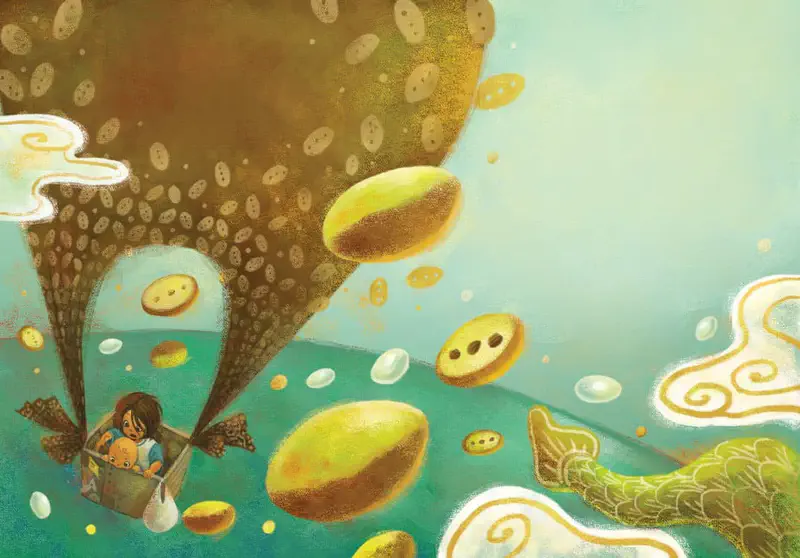 A girl and creature fly in a cardboard box through a chaotic sky filled with floating seeds and buttons. A green dragon watches nearby.