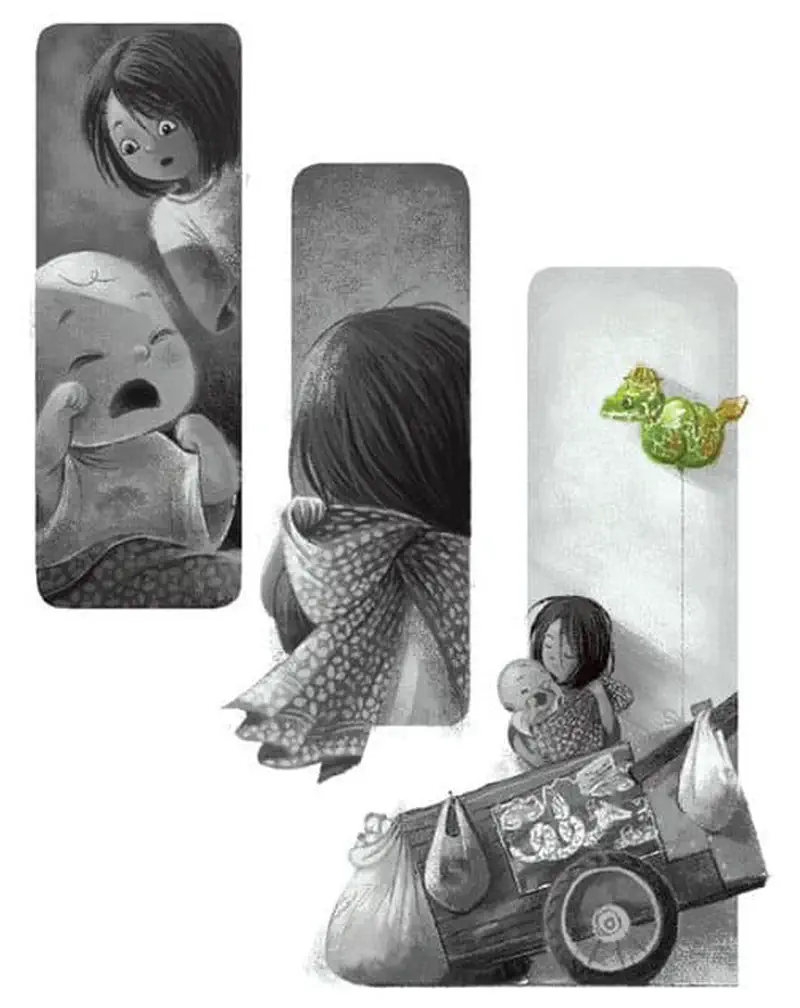 Three grayscale panels show a sad crying creature, a girl looking concerned, and a child with a cart watching a green bird balloon float away.