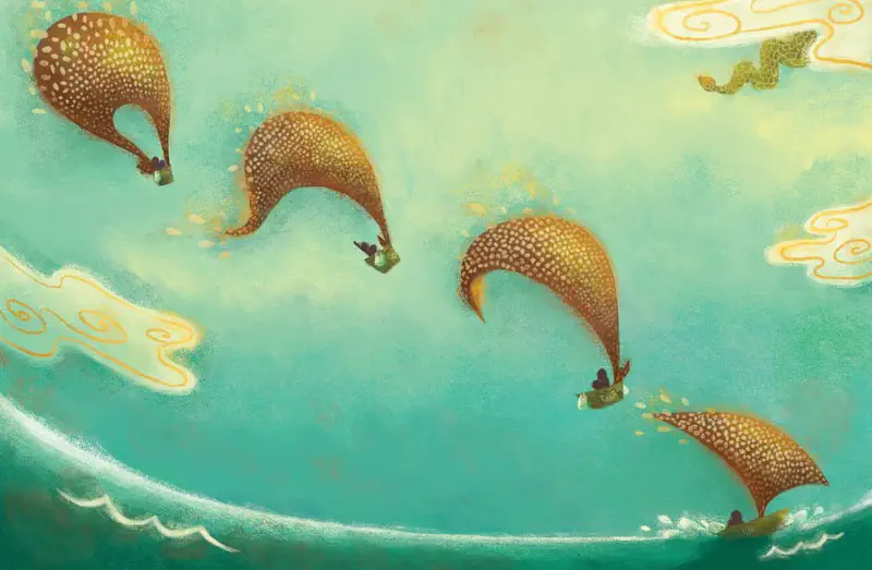 Multiple spotted flying creatures descend from a turquoise sky toward waves below. Golden clouds swirl around them as they carry passengers home.