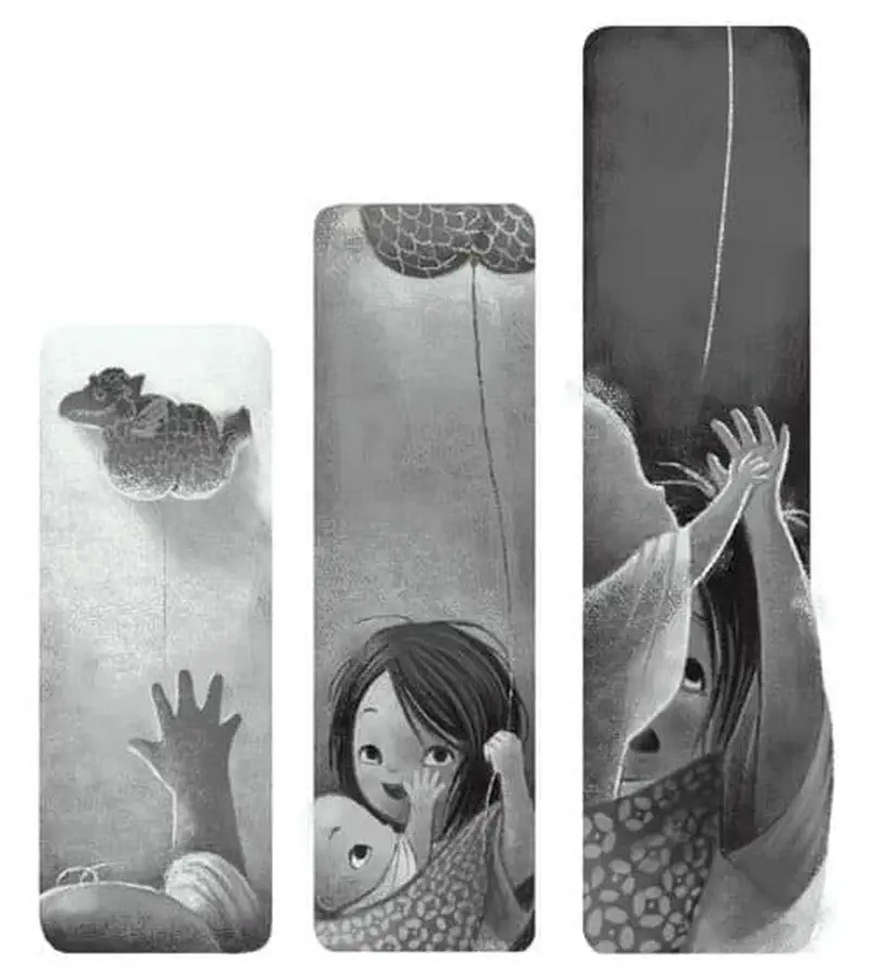 Three grayscale panels show a bird flying in clouds, a worried girl and creature looking up, and hands reaching toward a balloon string in the sky.