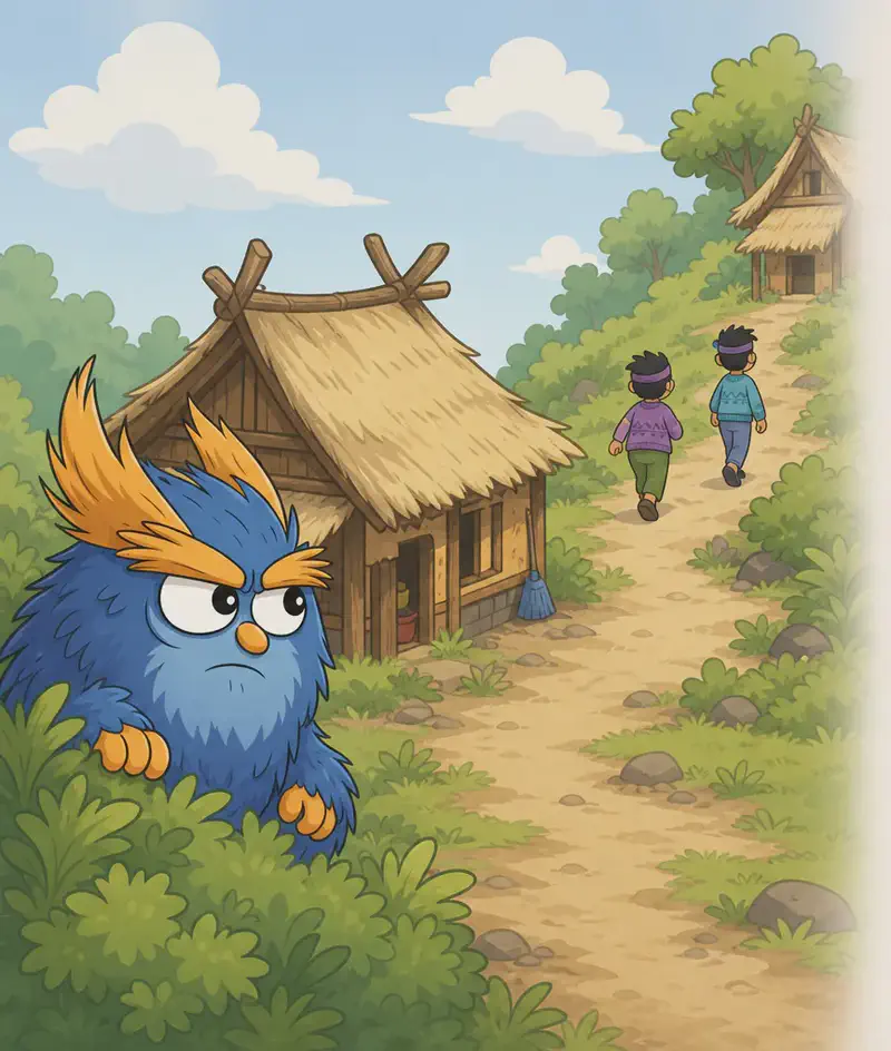 In the lower-left foreground, the Troll — a small stocky creature covered in shaggy dark blue fur with a round body, large bushy orange eyebrows, a tall orange-gold tuft of feathery hair on top of its head, large white eyes with black pupils, and a small round orange nose — crouches behind leafy green bushes with a grumpy, sly expression, watching the boys leave. To the left of center, a small wooden house with a peaked thatched straw roof and crossed roof poles sits on a grassy hillside, with a broom leaning beside its door; a second thatched hut stands further up the hill in the upper-right background among trees. Two boys walk away up a winding dirt path dotted with rocks and grassy tufts: both have black messy hair and light fair skin and wear dark navy headbands; one wears a purple knitted sweater with zigzag patterns and olive-green pants, the other a blue knitted sweater with zigzag patterns and blue pants. The scene is set outdoors on a bright sunny day with a clear blue sky and fluffy white clouds.