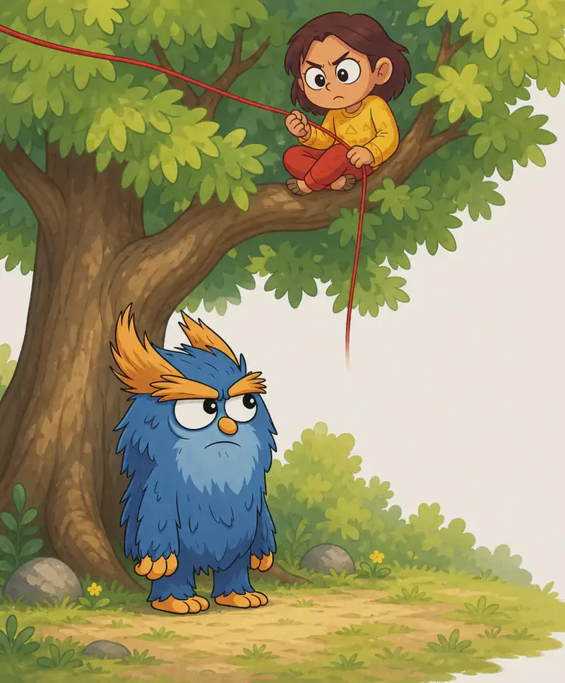 On the left side of the image, a large leafy tree rises from a grassy patch of ground, with the right side of the scene left as open cream-white space. Nib sits alone, cross-legged, on a thick branch of the tree. She has a round face, large expressive dark eyes, chin-length dark brown hair, warm medium-tan skin, and wears a mustard-yellow sweater with subtle patterns and brick-red pants. She frowns with a determined, cross expression as she grips a thin red thread of wool in both hands — no ball of wool is visible. The thread stretches up and off the top-left corner of the image, and a loose end dangles straight down from the branch below her. On the ground beneath the tree stands the Troll, a stocky creature covered in shaggy dark blue fur with a round body, large bushy orange eyebrows, a tall orange-gold tuft of feathery hair on top of its head, large white eyes with black pupils, and a small round orange nose — glancing grumpily up and to the side. The scene is set outdoors during the daytime, with green bushes, small grey rocks, tiny yellow flowers, and tufts of grass around the base of the tree.