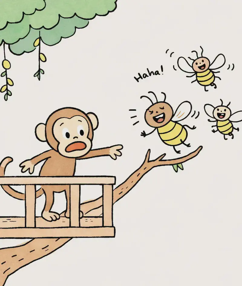 On the left side of the image, Monkey stands on a wooden treehouse platform built among the branches of a large tree, leaning forward over the railing with one arm extended, looking worried and calling out with a concerned, open-mouthed expression. Honey Bee hovers nearby on a branch just to the right of Monkey, laughing heartily with her wings wobbling from the laughter. The scene is set outdoors on a bright day with green foliage overhead and small yellow flowers hanging from the tree. Two additional smaller bees fly in the upper-center area near a golden-yellow glow.