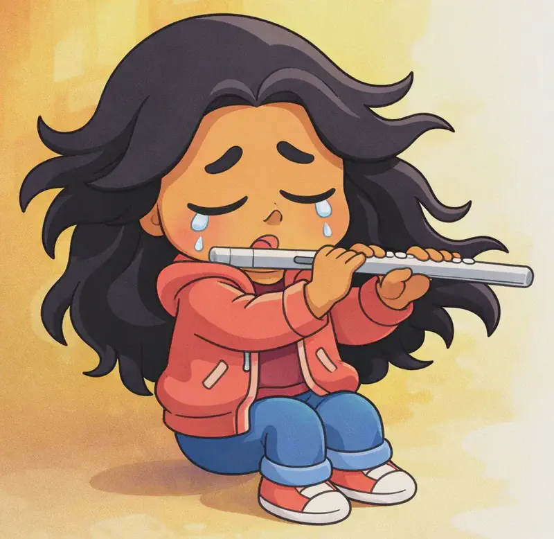 On the left side of the image, Girl sits playing a flute, holding it up to her lips with both hands. She has long, wavy black hair flowing past her shoulders, warm medium-brown skin, and rosy cheeks. She wears a coral-pink zip-up jacket over a darker pink/magenta top, blue jeans, and white sneakers with blue accents. Her eyes are closed and her expression is sorrowful, with tears visible on her cheeks. The warm golden-yellow watercolour background behind her suggests soft indoor light from a window. The right ~40% of the image is plain white background.